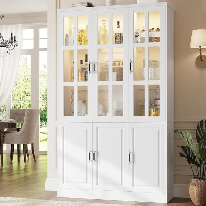 78.7" Kitchen Pantry Storage Cabinet with LED Lights, Tall Pantry Cabinet with Glass Doors, Kitchen Hutch Utility Pantry, Black (47.2" W x 15.7" D)