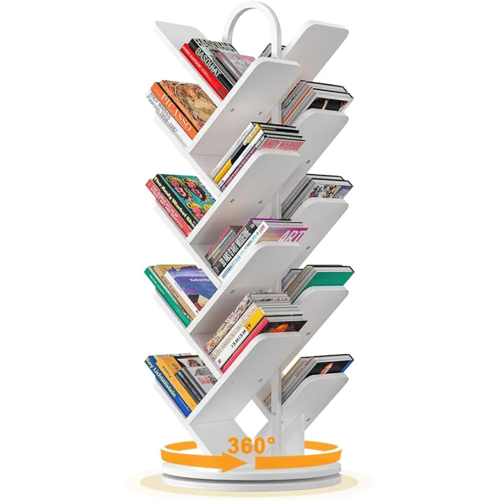 TVU Tree Book Shelf, Rotating Bookshelf, 360 Degree Spinning, 8 Shelves Per Side, Standing Bookcase for Magazines DVDs Books, for Living Room Bedroom Study Corner, White