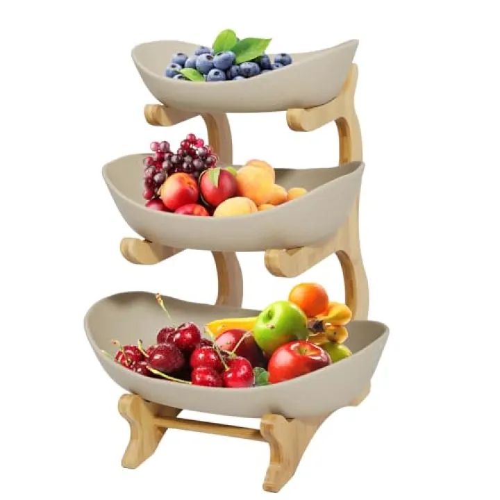3 Tier Fruit Basket for Kitchen Counter – Ceramic Fruit Bowl Set with Bamboo Frame, Tiered Fruit Stand Organizer for Countertop Storage, Snack Holder and Vegetable Display, Space-Saving, Easy to Clean