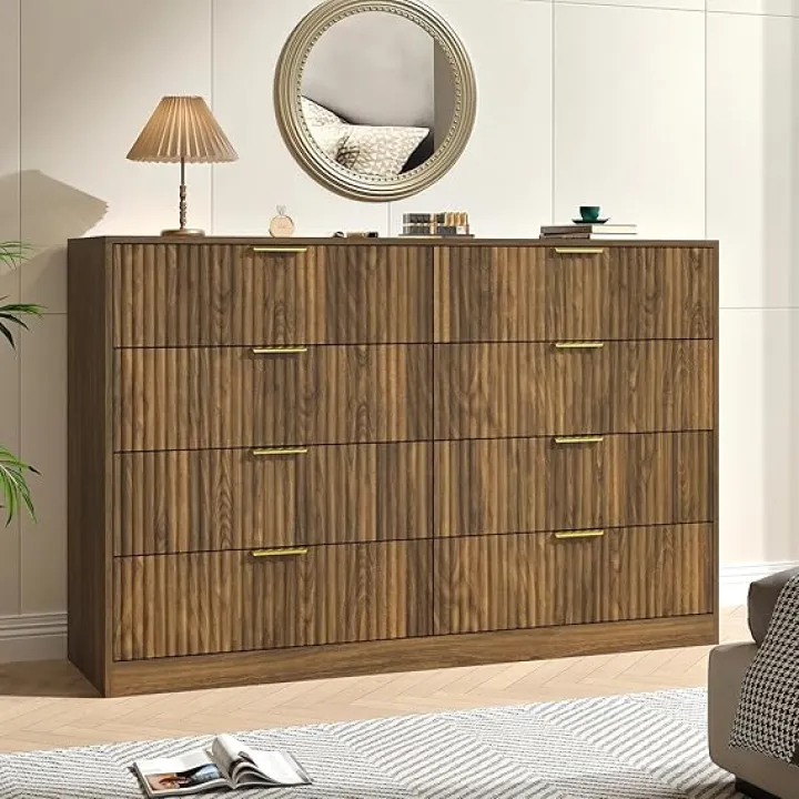 Walnut Dresser for Bedroom with 8 Drawer, 55” Wide Wooden Double Dresser Mid Century Chest of Drawers with Metal Handle, Fluted Dressers TV Stand for Bedroom, Living Room, Walnut