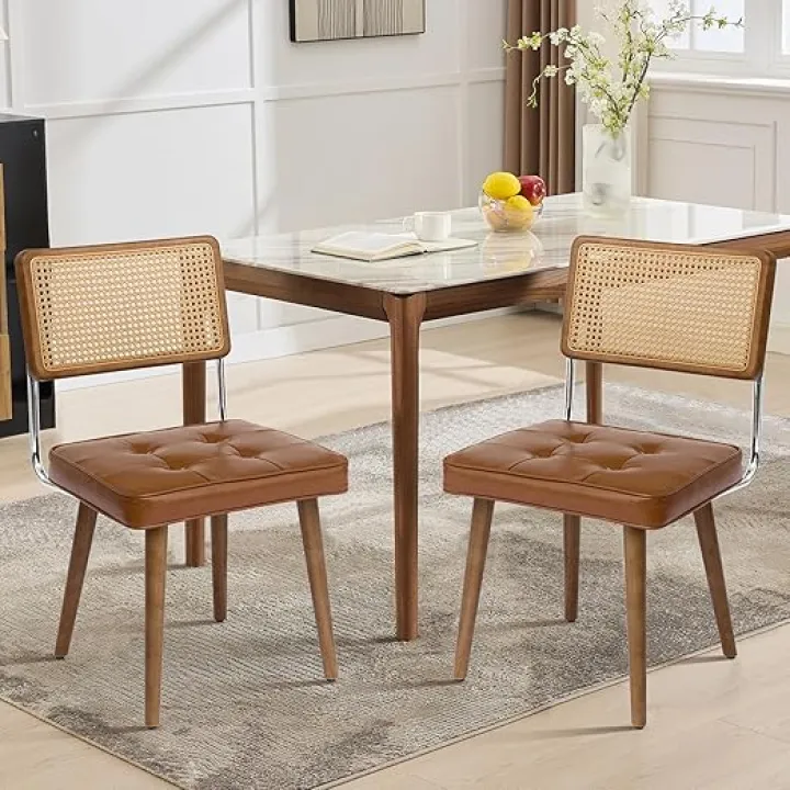 GarveeHome Natural Rattan Dining Chairs Set of 2, PU Upholstered Kitchen Chairs with Tall Cane Backrest and Strong Wood Legs for Dining Room, Kitchen, Restaurant, Brown