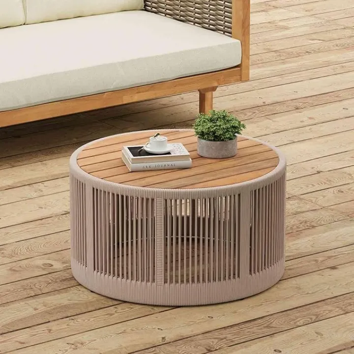 Outdoor Rattan Coffee Table, 26" Round Acacia Wood Top & Rope Side Table for Patio, Balcony, Garden, 14.25" Height Accent Table for Living Room