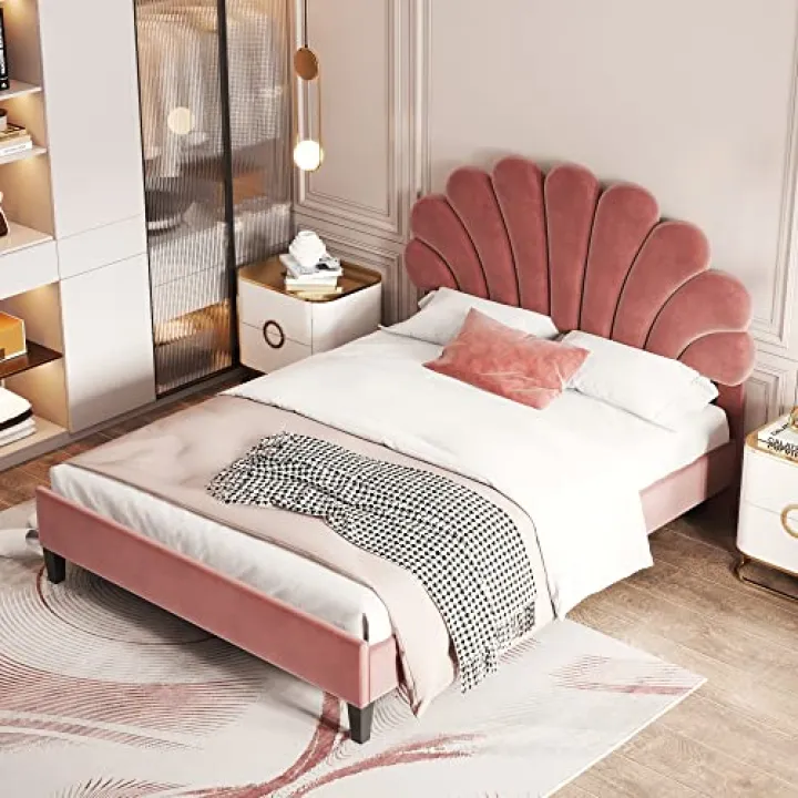 aphrophina Bedroom Comfort with Full Size Upholstered Platform Bed, Flower Pattern Velvet Headboard, Elegant Bean Paste Red Design