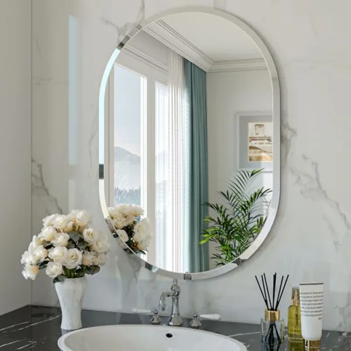 JIINGYO Frameless Oval Mirror, 18"x26" Beveled Oval Vanity Mirrors for Bathroom, Wall Mounted Mirror for Bedroom, Entryway, Living Room, Hangs Horizontally or Vertically