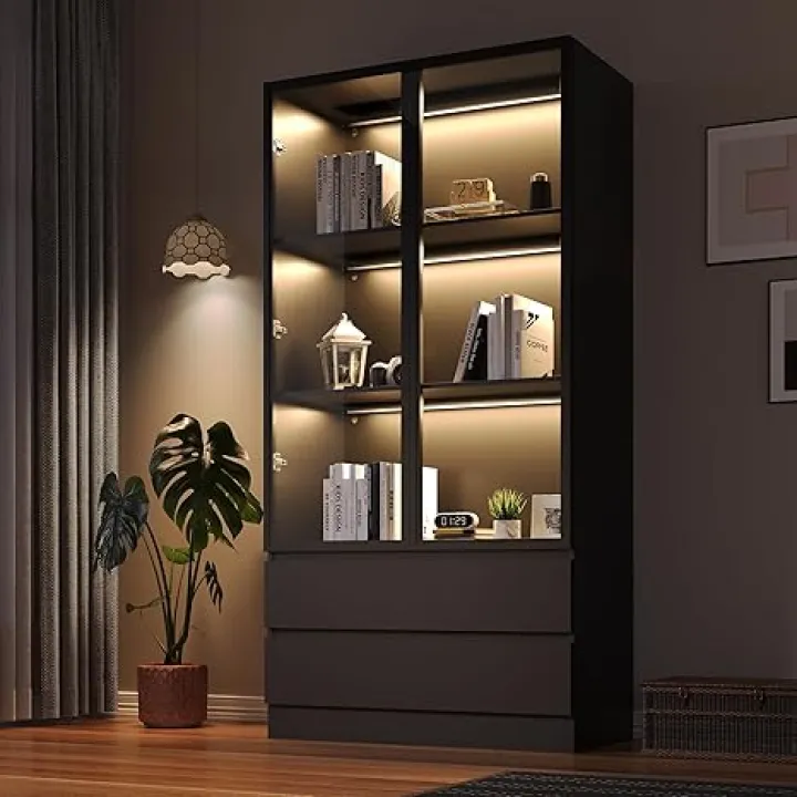 Display Cabinet with Glass Doors & 2 Drawers,LED Lights Glass Display Case,Showcase for Collections, Curio Cabinets, Bookcase and Glass Display Cabinet(Black- 2 Drawers)