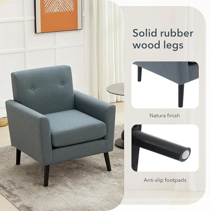 Accent Chair for Living Room Chairs,Mid Century Modern Armchair Comfy Upholstered Reading Accent Chairs,Single Sofa Chair with Wood Legs & Thicker Seat Cushion for Living Room Bedroom,Blue