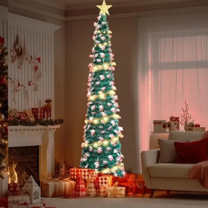 5FT Pre-lit Pencil Christmas Tree-with Top Star & 5m 50 Light String,Collapsible Artificial Pencil Christmas Trees Decorations, Skinny Xmas Tree for Indoor Home Apartment Porch Holiday (Santa Claus)