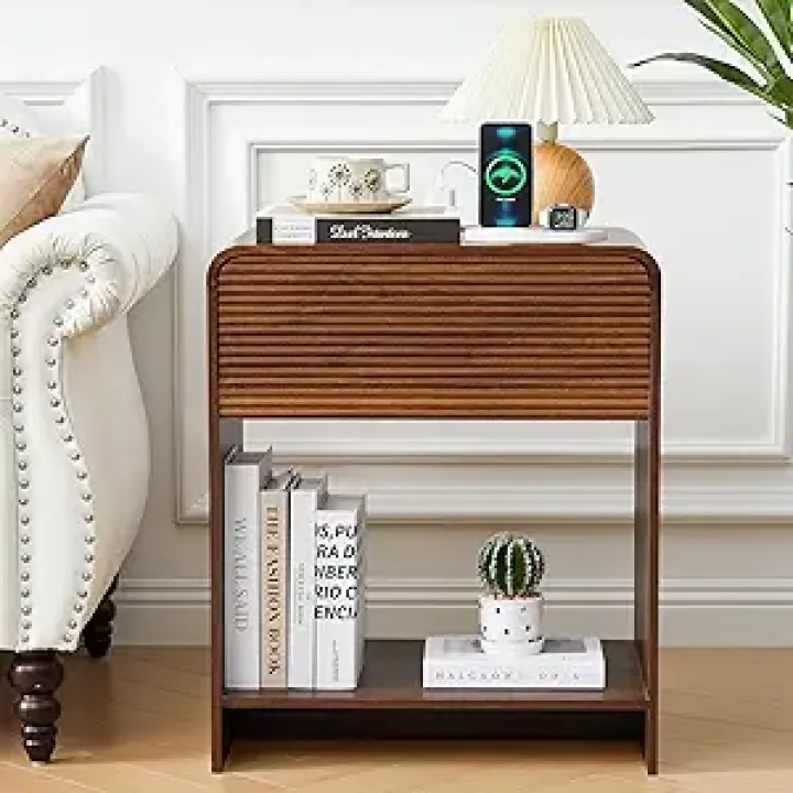 Fluted Nightstand with Charging Station, Mid Century Modern Bed Side Table End Table with Drawer Storage, Large Wooden Night Stands Bedside for Bedroom Living Room Sofa Office, Walnut