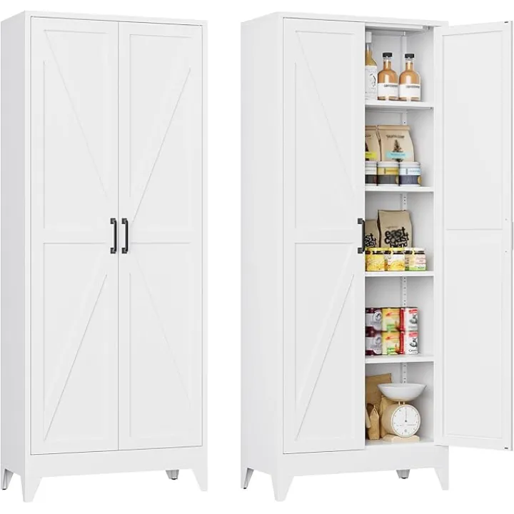 Kitchen Pantry Cabinet, 75''White Metal Storage Cabinets with Farmhouse Doors and Adjustable Shelves,Freestanding Cupboard with 5-Tier Shelf, Tall Cabinet for Livingroom,Diningroom, Pantry, Bathroom