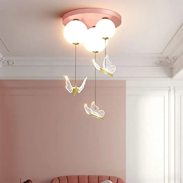 LED Creative Children's Room Balloon Bedroom Ceiling Light Net Red Boy Butterfly Ceiling Hanging Lamp Romantic Girl Pink Princess Bedroom Living Room Chandelier Interesting Life ,Hanging Light(Pink,St