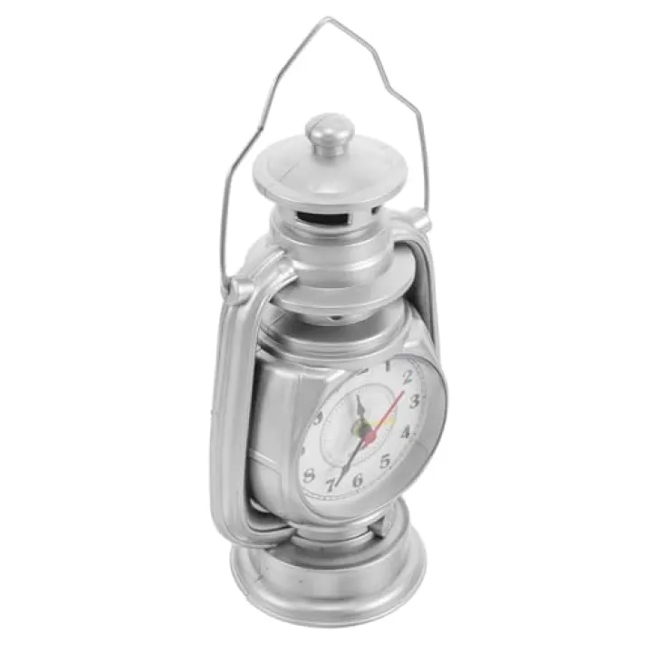 MAGICLULU Bedside Table Clock: Vintage Table Mantel Shelf Clock Kerosene Lantern Watch for Living Room Bedroom Shelf Decoration Farmhouse Oil Lamp Decor Silver