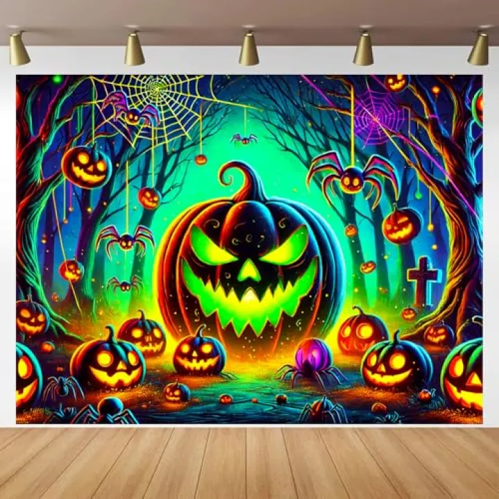 BlissYard Halloween Blacklight Tapestry 78x59 Inch Glow in the Dark Halloween Pumpkin Forest Tapestry with Spiders Lantern Pumpkin UV Reactive Wall Hanging for Bedroom Party Trippy Haunted Decor