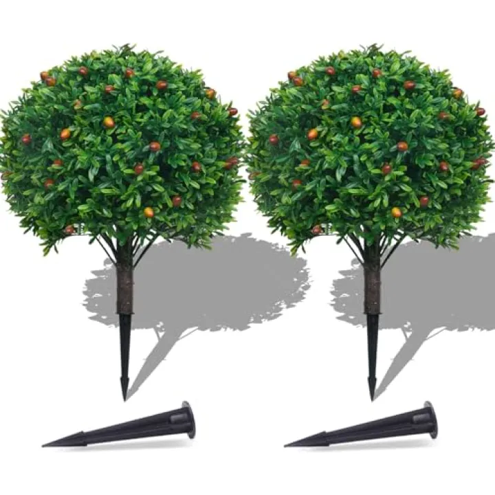 Artificial Topiary Boxwood Ball Trees Set of 2 22" Outdoor Faux Plants Realistic Olive Tree Fake Bushes Lifelike Shrubs Decorations for Outdoor Indoor Front Porch Garden (Olive, 22in)