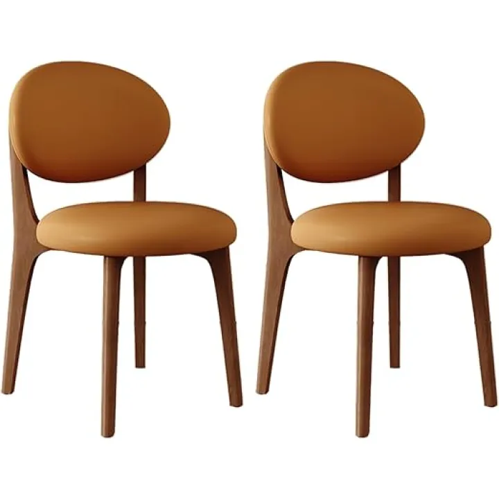 Dining Chairs Set of 2/4/6,Mid Century Modern Dining Chairs , PU Leather Solid Wooden Dining Chairs with Round Cushion ,for Kitchen Dining Room, Bedroom, Living Room, Study Room(Light walnut+orange,2)