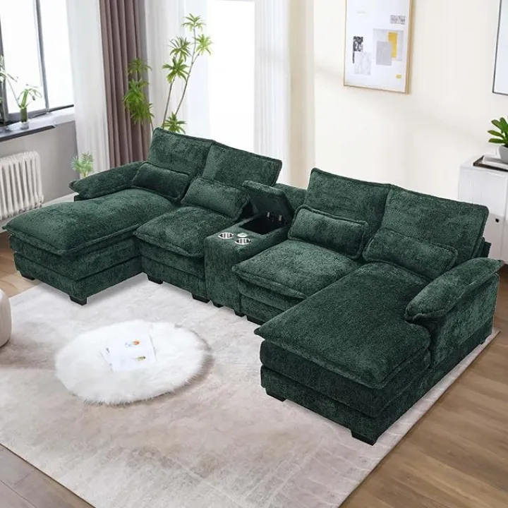 124.8" U Shaped Cloud Couches Sectional for Living Room, Comfy Fluffy Large Sectional Modular Couch, Oversized Double Chaise Sofa with Storage Console for Apartment Studio Office, Green