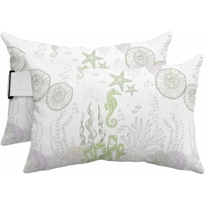 2 Pack 11x16 Chaise Lounge Outdoor Pillows Covers Waterproof, Sage Green Coral Adjustable Headrest Pillowcase, Starfish Seahorse Seahorse Shell Decorative Neck Pillows for Recliner Office Chair