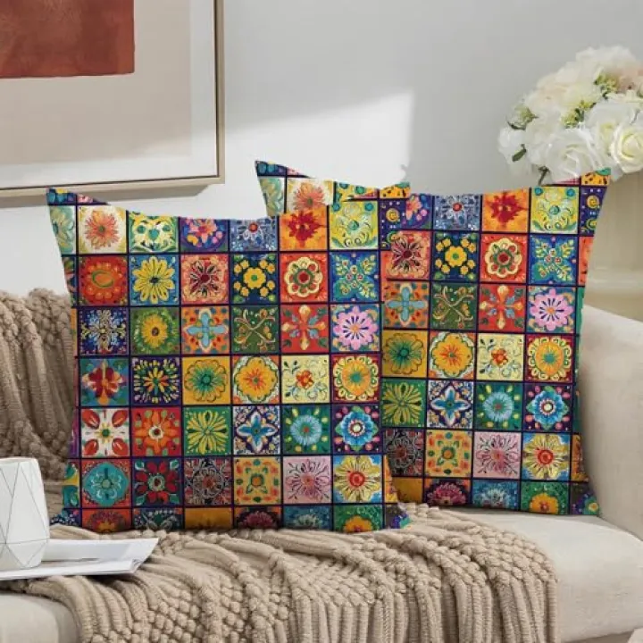 THISFIND Colorful Floral Linen Pillowcases Set - 2-Pack Decorative Throw Pillow Covers with Vibrant Multicolor Flower Patterns - Soft & Durable Cushion Covers for Couch, Bed, Sofa - 18x18 inches