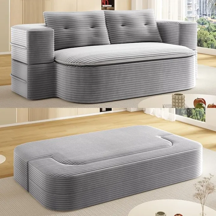 78.7" Futon Sofa Bed, 2-in-1 Foldable Sleeper Sofa, Convertible Floor Couch with Pillows, Corduroy Couch with Multi Functional Blanket Upholstered Boneless Couches for Living Room, Light Gray