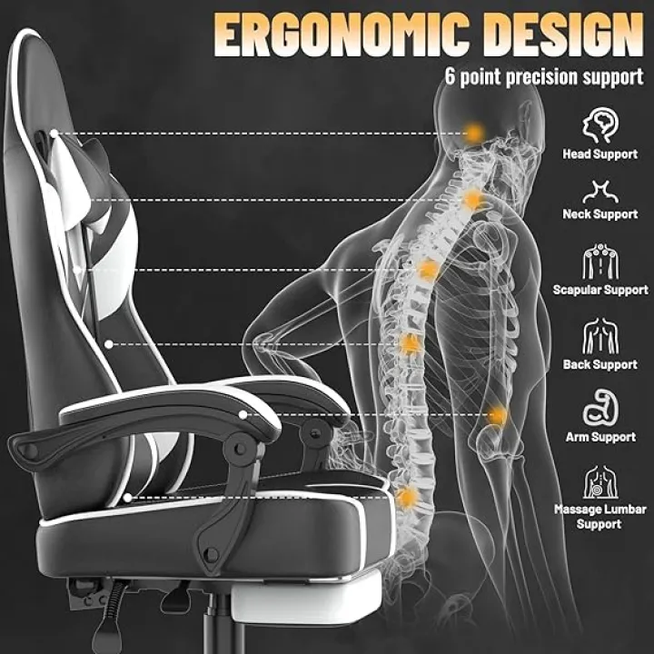 Ferghana Gaming Chair with Wider Seat Cushion, Ergonomic High Back PU Leather Gamer Chair with Massage & Footrest, Reclining Computer Office Chair for Adults, Racing Style Video Game Chair (White)