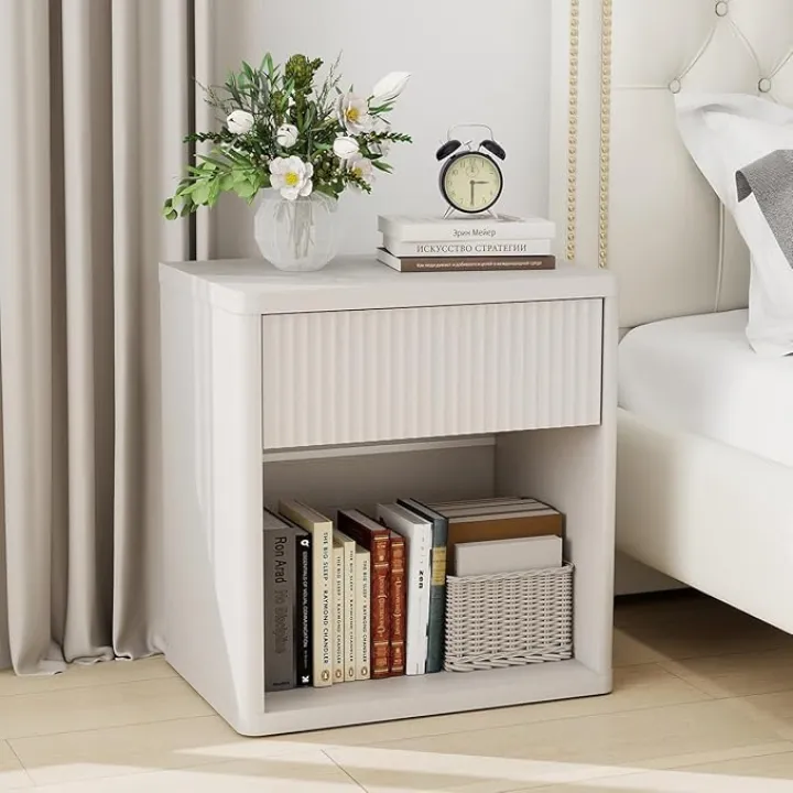 Nightstand with Drawer, Modern Fluted Night Stand, Bed Side Table with Storage, End Table Large Wide Bedside Stand, Mid Century Night Stands for Bedroom Living Room, Oatmeal Ash