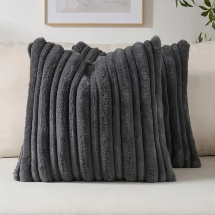 FUTEI Charcoal Decorative Throw Pillow Covers 18x18 Inch Set of 2,Soft Fluffy Faux Rabbit Fur Thick & Thin Striped Textured Cushion Case,Modern Home Decor for Couch Bed Living Room
