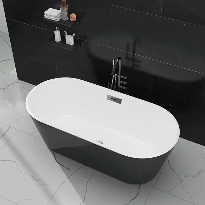Free Standing Tub 59 Inch Soaking Tub Freestanding Bathtub Acrylic Black and White Soaking Tub with Chrome Drain and Overflow Cover for Home Bathroom Relaxation
