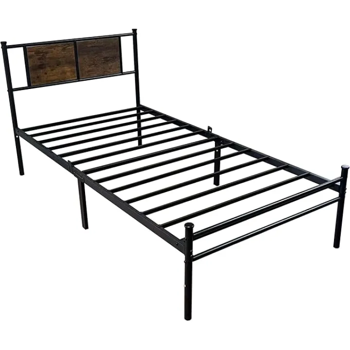 Full Size Metal Bed Frame with Headboard Industrial Steel Platform Bed No Box Spring Needed Heavy Duty 800lbs Capacity Wood Accent Queen Mattress Foundation