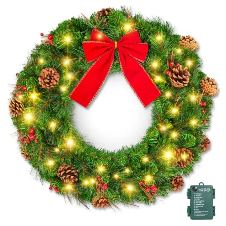 Brightown 24 Inch Pre-Lit Christmas Wreaths for Front Door, IP44 Battery Operated 50 LED Christmas Wreath, Decor with Pinecones Pine Needles Branches Red Berry Mini Bow for Front Door Wall Window