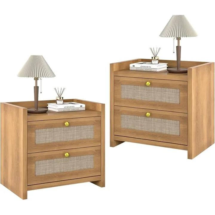 Nightstand Set of 2, Boho Natural Linen Bedside Table End Table with Quiet Soft Close Drawer, Wood Farmhouse Large Night Stands with Charging Station, Oak