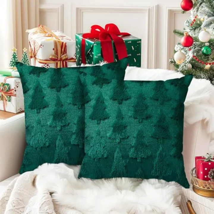 Brightown Christmas Tree 20x20 Throw Pillow Covers Set of 2, Soft Pillowcases for Home Decorative Boho Pillow Covers for Couch Bedroom, Green-Tree 20"x20"
