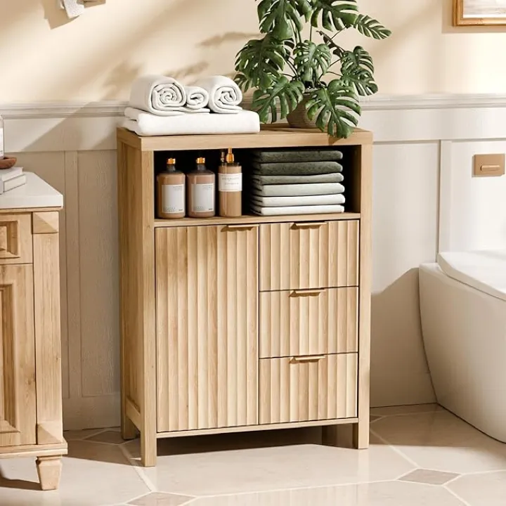VINGLI Fluted Bathroom Floor Storage Cabinet with Fluted Door 3 Drawers,Modern 12 Inch Deep Short Bathroom Storage Cabinet Organizer Free-Standing for Small Space w/Adjustable Shelf,Natural Oak Color