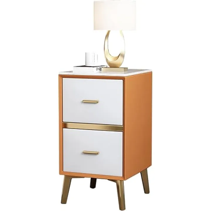 Narrow Side Table Nightstand|Microfiber Leather End Table With 2 Storage Drawers|Sintered Stone Countertop Bedside Tables For Small Spaces,Khaki Color,40X35X55C,Orange+pure White-25x35x55cm(9.8x13.7x2