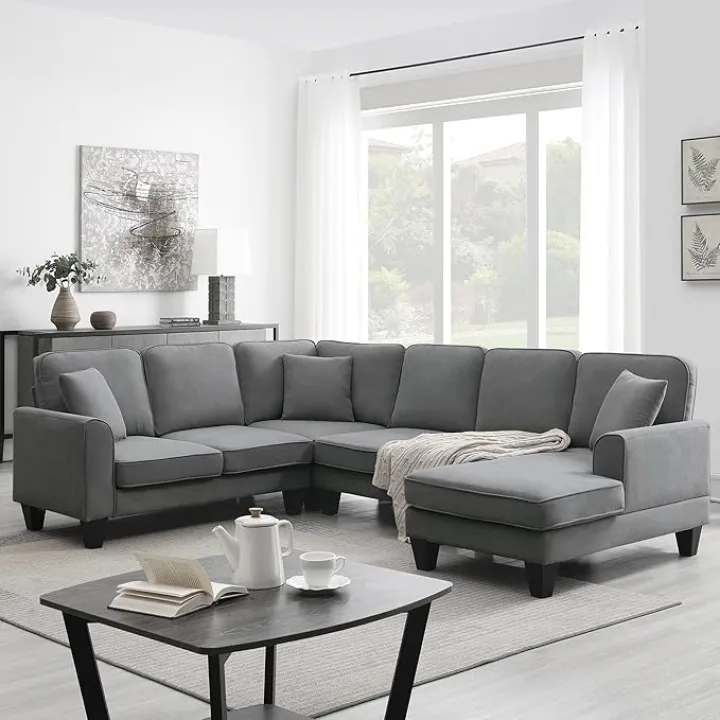 Modern U Shape Sectional Sofa, 7-Seat Fabric Sectional Sofa Set with 3 Pillows Included, Multi-Person Upholstered Sofa for Living Room Bedroom Home Office (Dark Grey-E44)