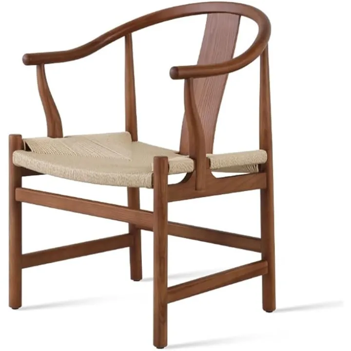 Comfortable Desk Chair Chinese Solid Wood Dining Chair Leisure Tea Room Home Chair Rope Woven Armchair (Color: Walnut Color and Black) Home Office Desk Chairs(A)