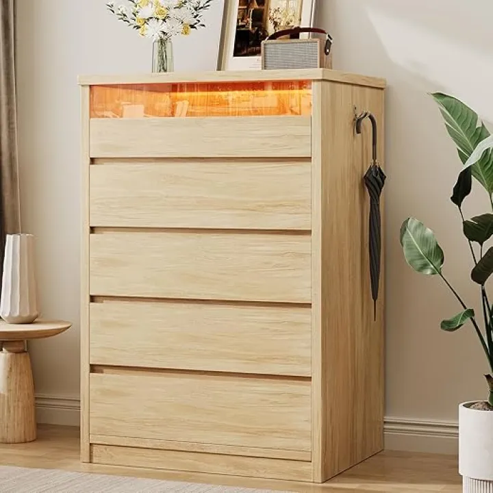 Larger Oak 5 Drawer Dresser for Bedroom with LED Light, Modern Chest of Drawers with Hidden Handles, Tall Wooden Dresser Closet for Living Room, Entryway, Hallway - Oak