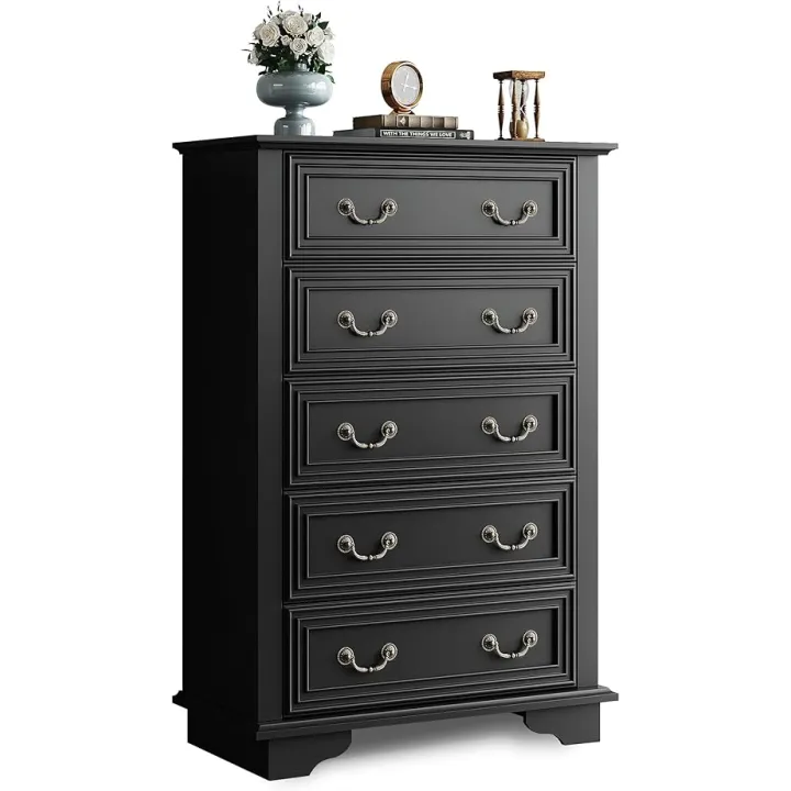 WLIVE Farmhouse Dresser for Bedroom, Tall Wood Dresser with 5 Drawer, Chest of Drawers with Roman Metal Handle for Living Room, Hallway, Closet, Black
