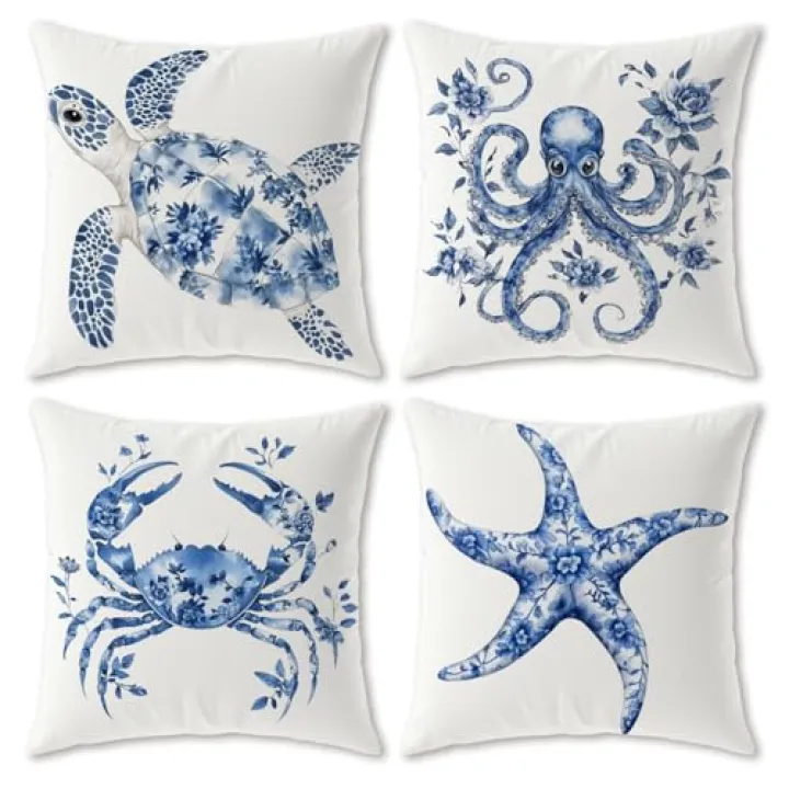 Trenstise Blue and White Coastal Beach Pillow Covers 18x18, Chinoiserie Floral Sea Turtle Octopus Crab Starfish Decorative Throw Pillow Covers for Beach Room House Cabin Bedroom Home, Set of 4