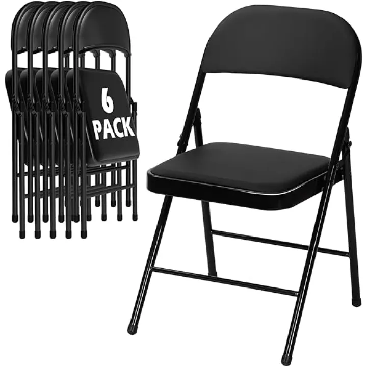 6 Pack Black Folding Chairs with Padded Cushion for Outside, Portable Stackable Commercial Metal Foldable Chairs with Steel Frame for Home Events Office Wedding Party, 350lbs Capacity