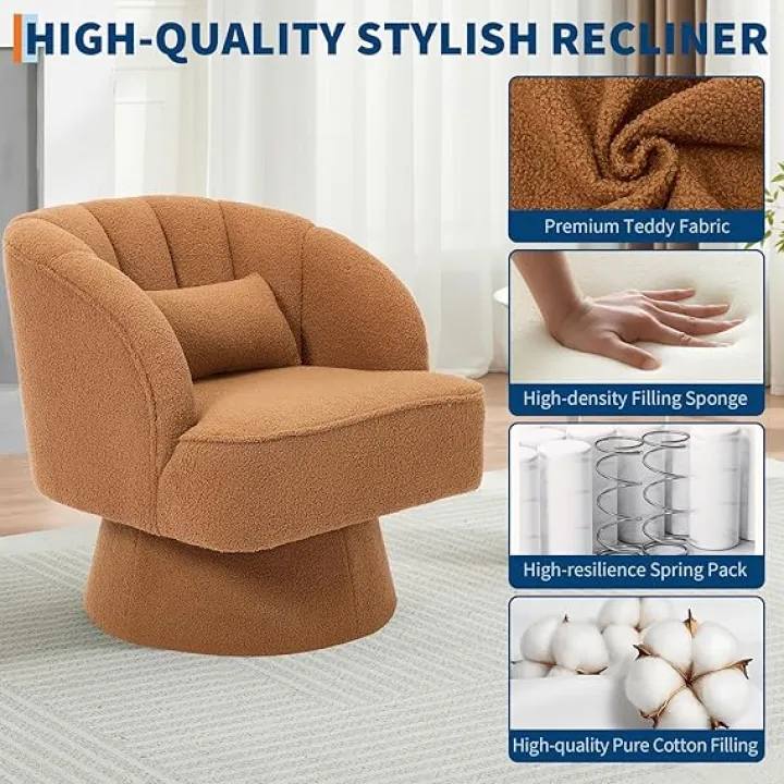 GarveeHome Modern Swivel Barrel Accent Chair, 360° Teddy Fabric Upholstered Armchair with Striped Backrest & Plush Padding, Comfy Round Lounge Chair for Living Room, Bedroom, Reading Nook, Brown 2 PCS