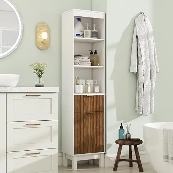 68" Tall Bathroom Storage Cabinet - Narrow Fluted Tower Cabinet with Adjustable Shelf and Drawer, Slim Freestanding Furniture, Walnut and White, 11.8" D x 15.75" W x 68" H