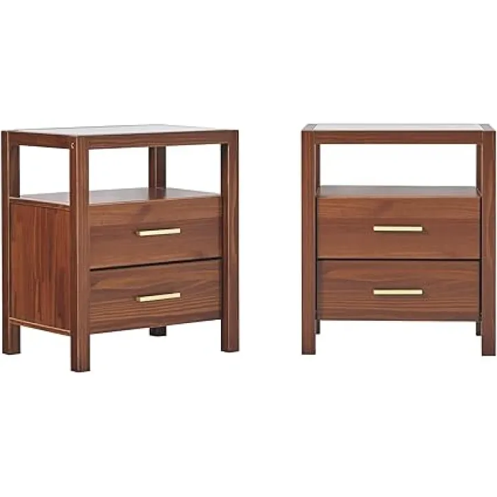Walker Edison 2-Pack Isla Modern Solid Wood 2 Drawer Nightstand Side Tables with Glass Top, 22 Inch, Walnut