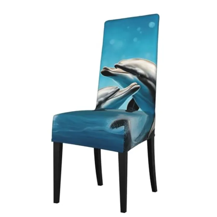 LONGZEHAO Removable Dolphins in Love Print Stretch Dining Chair Covers,Washable Parson Chair Slipcovers Protectors