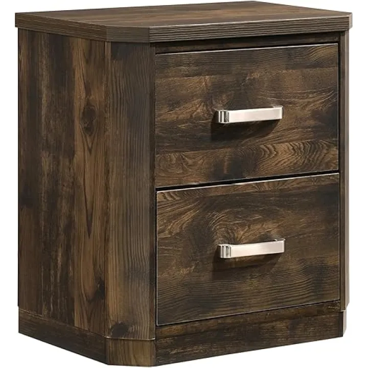 Stylish and Rustic Walnut 2-Drawer Nightstand for Bedroom Organization