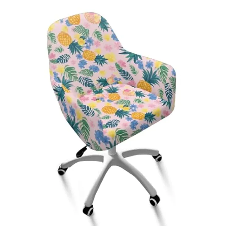 Talayituse Pineapple Flower Palm Leaves Pattern Stretch Curved Back Dining Chair Covers with Armrests, Elastic Office Chair Slipcovers, Swivel Armchair Cover Protector for Vanity Living Room Bedroom