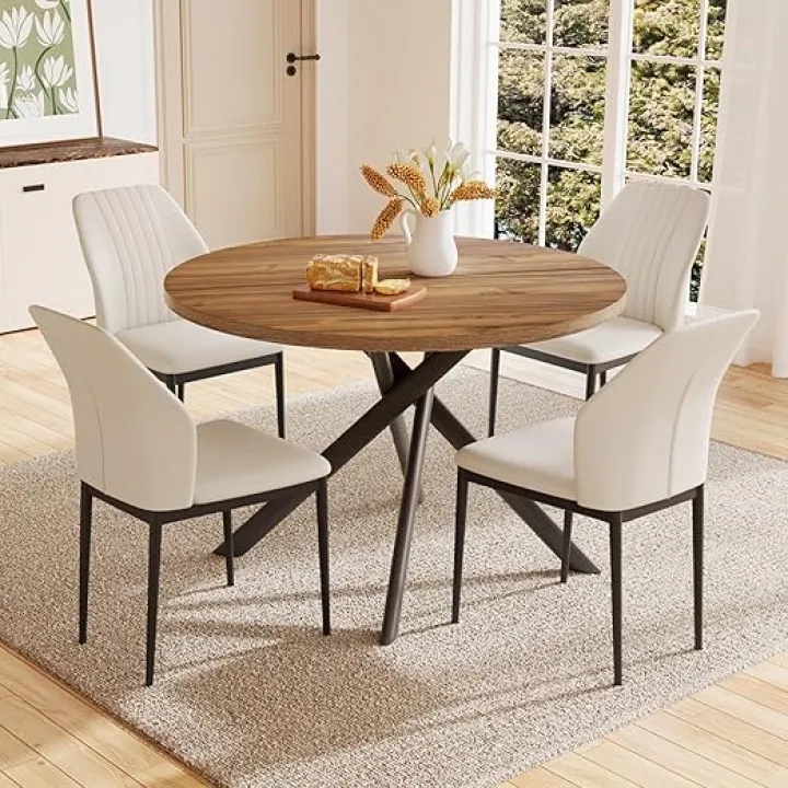 45.3'' Walnut Round Dining Table Set for 4, Mid Century Modern Small Coffee Set for Dining Room Kitchen Apartment (Light Walnut + 4 White Chairs)