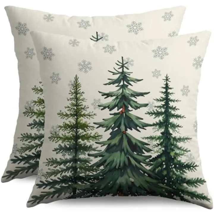 Smozenith Winter Pillow Covers 18X18 Set of 2, Christmas Themed Tree Forest Green Holiday Xmas Theme Decorative Throw Pillowcases Outdoor Farmhouse Seasonal Cushion Cases Couch Sofa Bed Decor