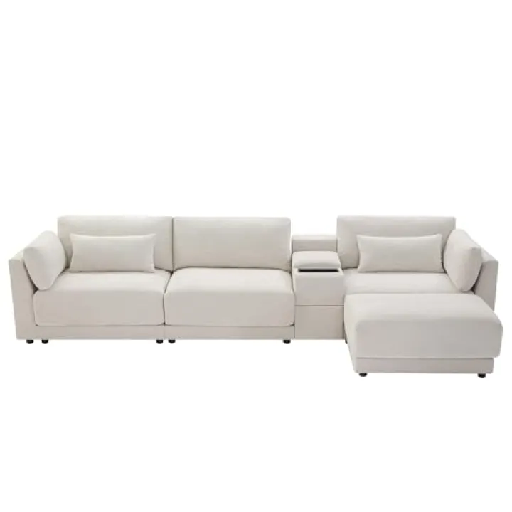 leader cattle 124'' Modular Sectional Sofa with Storage Console and Movable Ottoman,33'' Wide Seat,4 Seat L Shaped Chenille Couch,Reversible Comfy Sofa with USB Charger for Living Room,Apartment