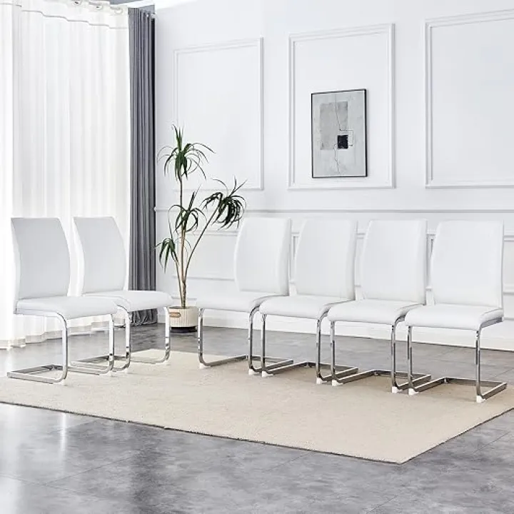 Dining Chairs Set of 6, Modern White PU Leather Upholstered Kitchen Chairs Set of 6 with High Back and Sturdy Metal Legs, Waterproof & Easy to Clean, for Restaurants, Dining Room Chairs