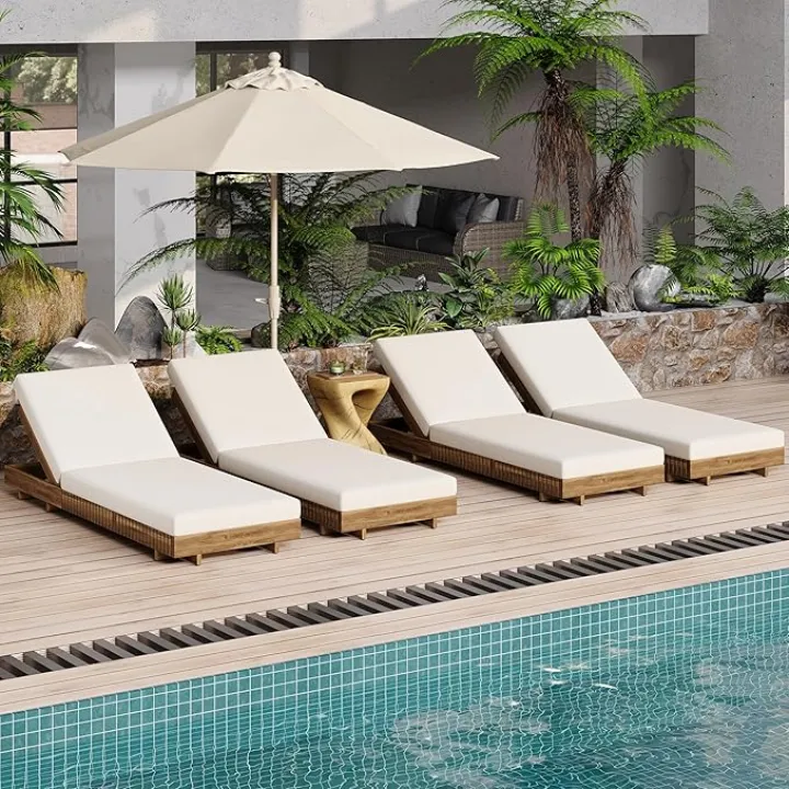Merax 4-Piece Acacia Wood Chaise Lounge Set w/ 6-Position Adjustable Backrest & Cushion - Outdoor Patio Poolside Furniture, Beige