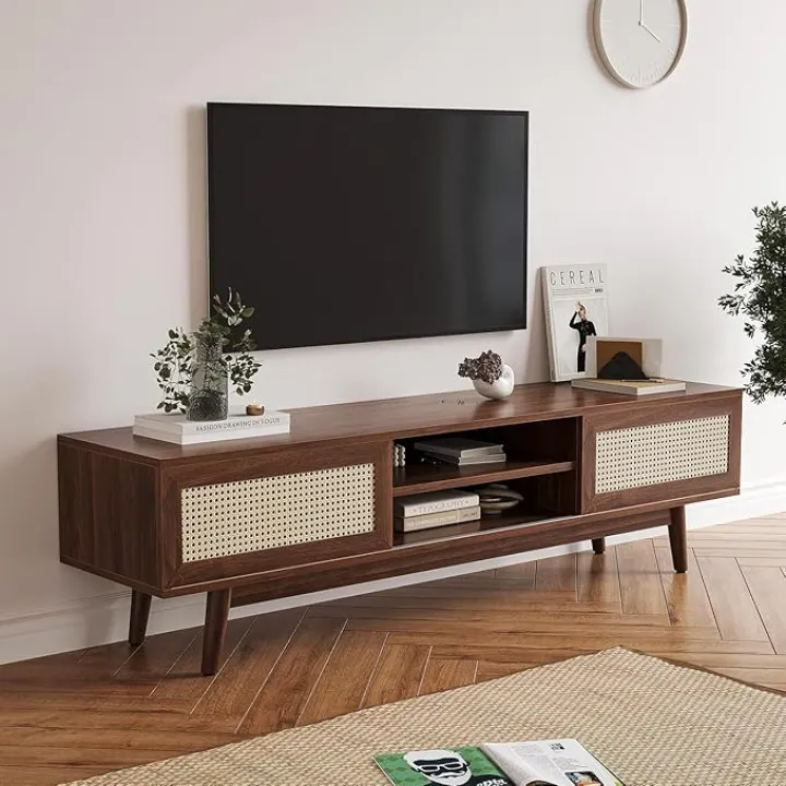 Rattan TV Stand for 55 65 75" TVs, Wood TV Stand Mid Century Modern TV Stand with 2 Cabinets & Movable Doors, Long Boho Entertainment Center Media Console for Living Room Office, Walnut